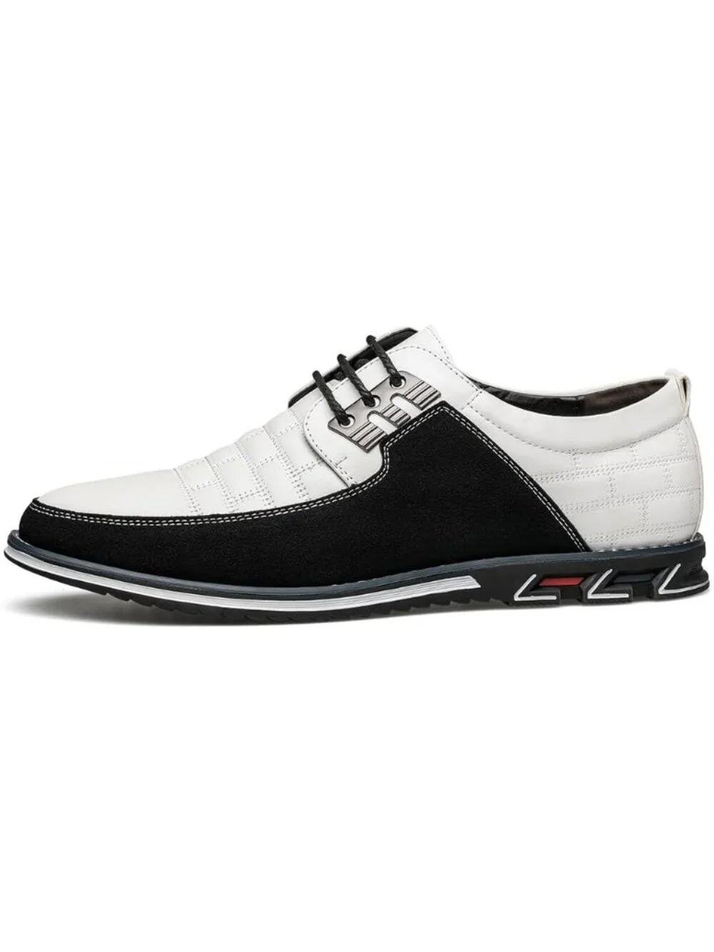 Men's White Plaid Embossed Grid Leather Comfortable Hybrid Oxford Dress Sneakers